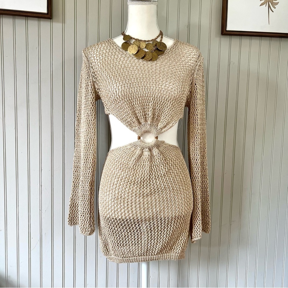 Gold Metallic Open Crochet Cut Out Mini Dress Cover Up Beach
